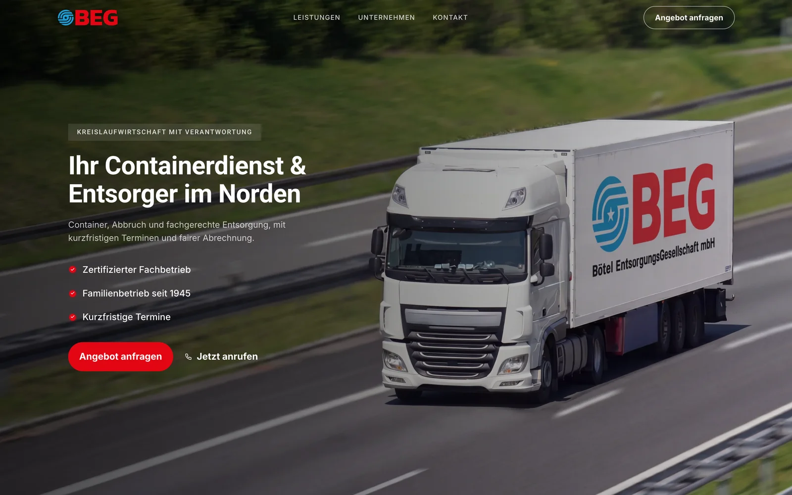 Startseite der neuen Website der Bötel EntsorgungsGesellschaft: Containerdienst und Entsorger aus Wedel bei Hamburg