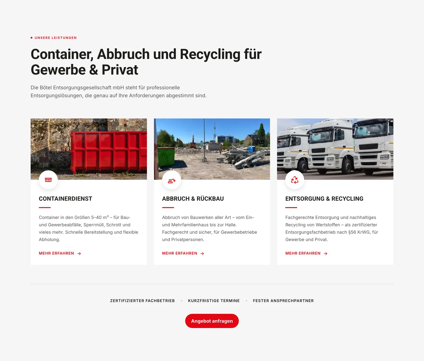 Leistungssektion der neuen BEG-Website mit eigenen Bereichen für Containerdienst, Abbruch und Entsorgung