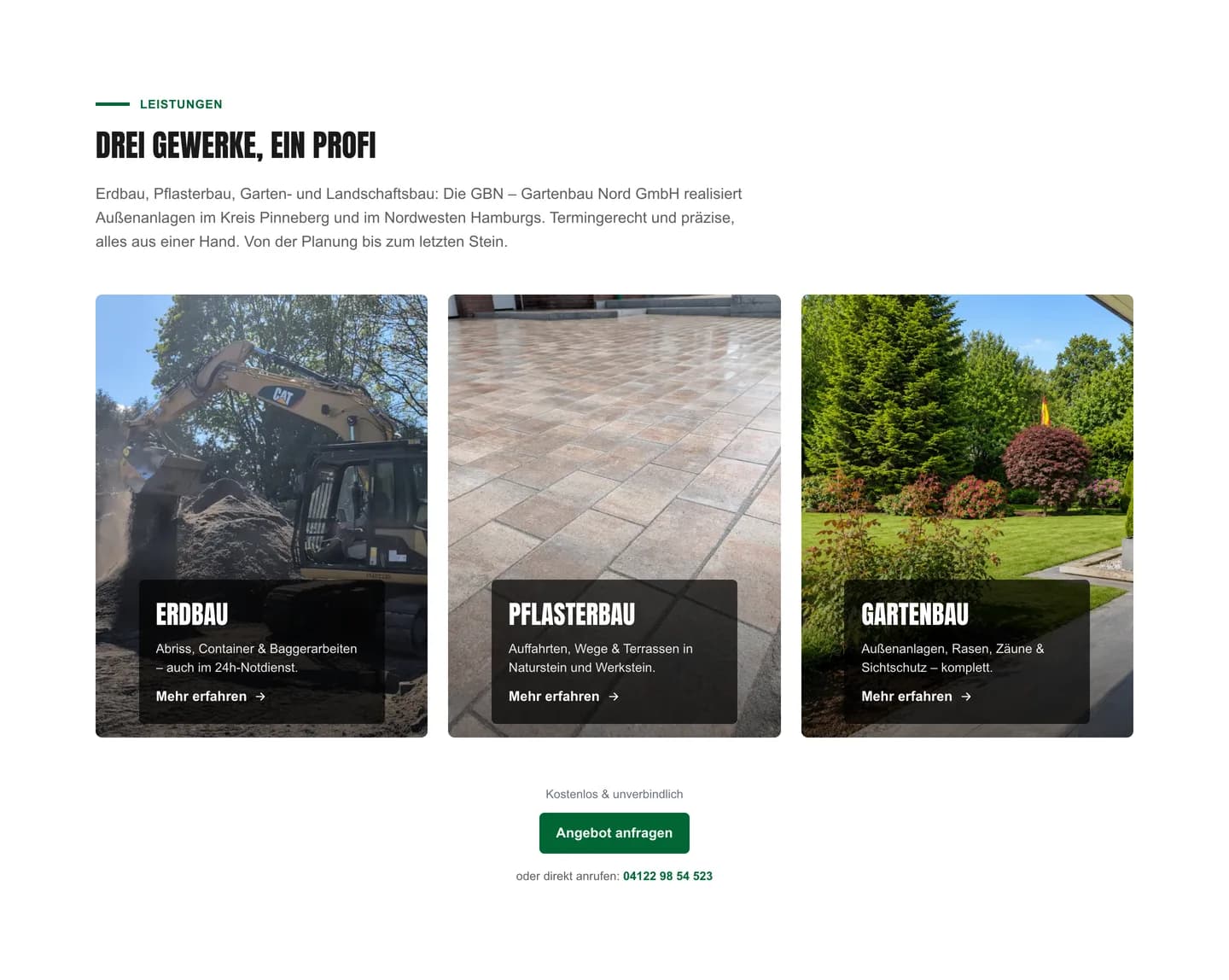 Leistungssektion der neuen Gartenbau-Nord-Website: Erdbau, Pflasterbau und Gartenbau als drei klare Karten
