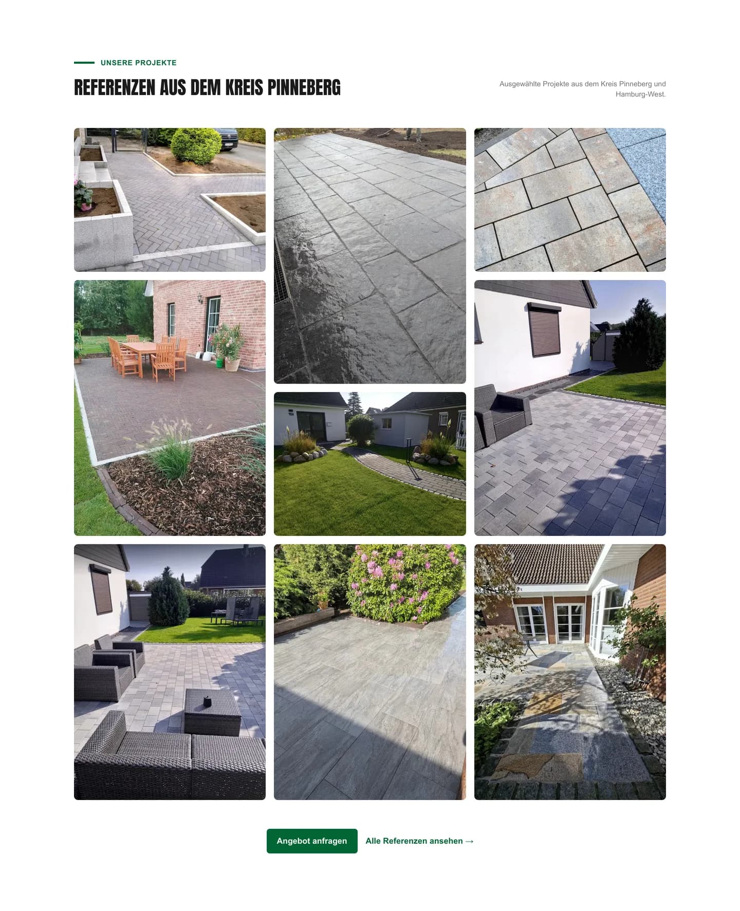 Komplette Referenzen-Galerie der Gartenbau-Nord-Website mit echten Pflasterbau- und Gartenbau-Projekten aus dem Kreis Pinneberg